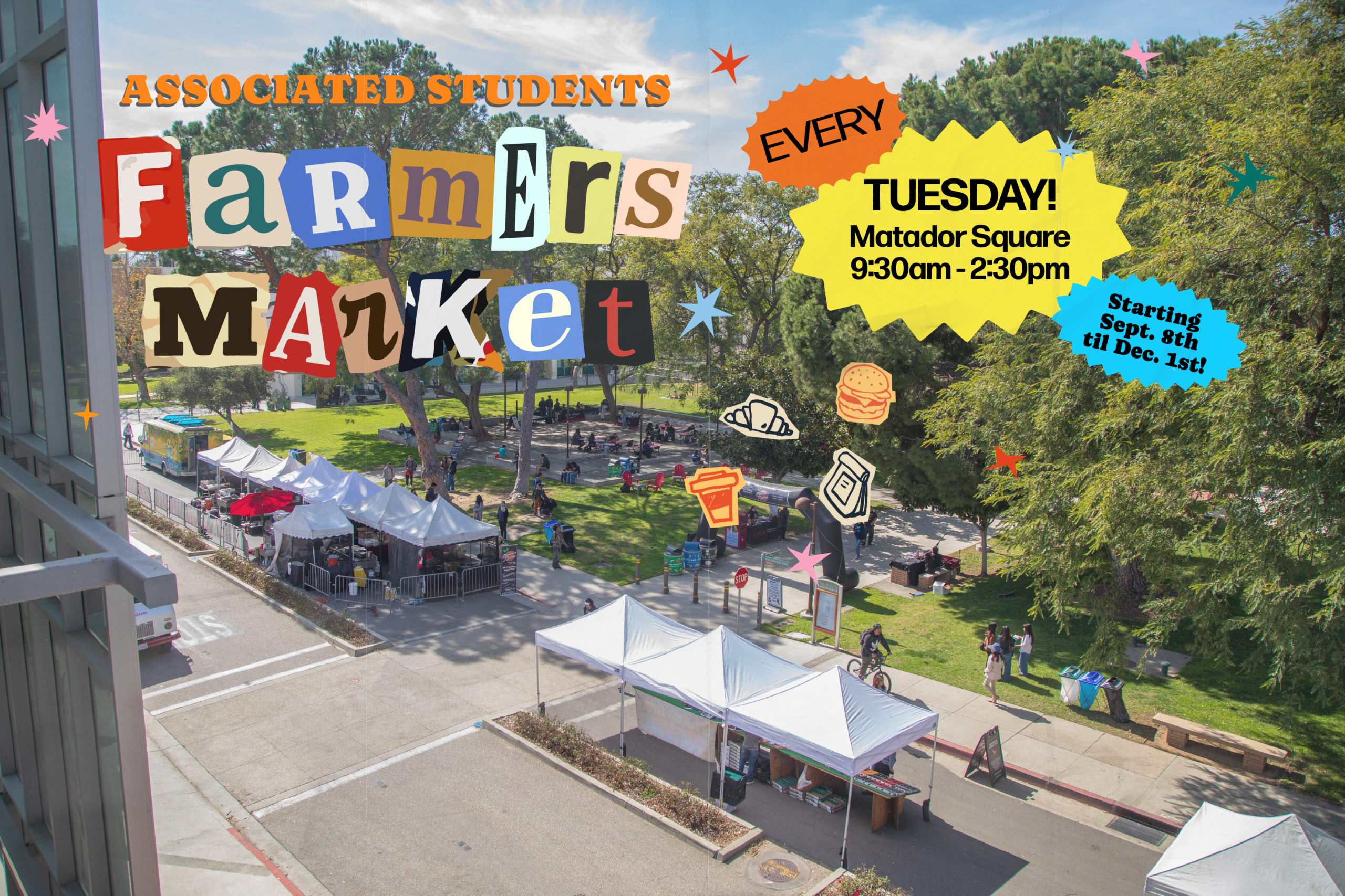 Associated Students Farmers Market writing over a picture of the Farmers Market occurring at Matador Square