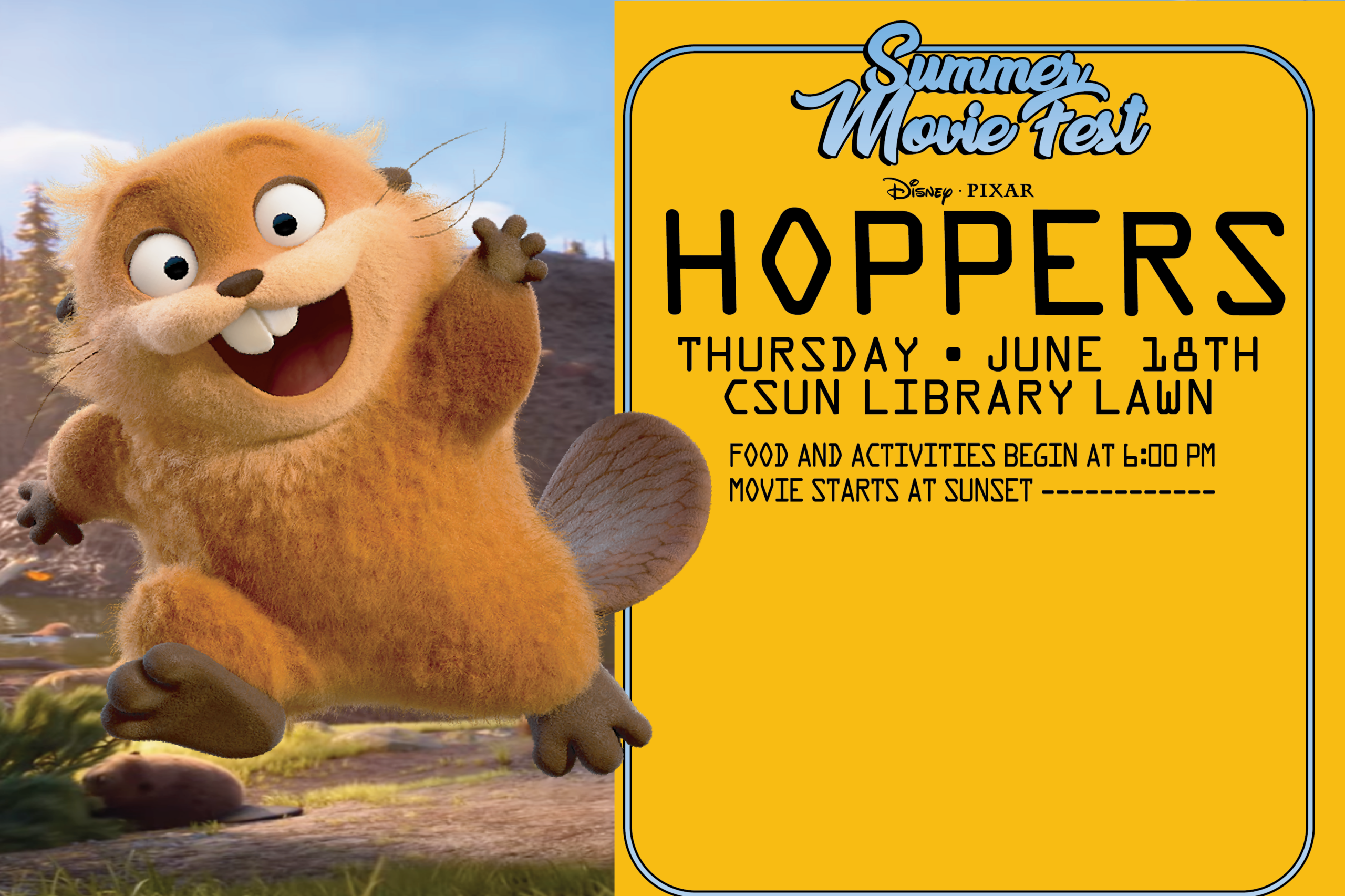Summer Movie Fest Hoppers writing next to a graphic of a Beaver in a forest. 
