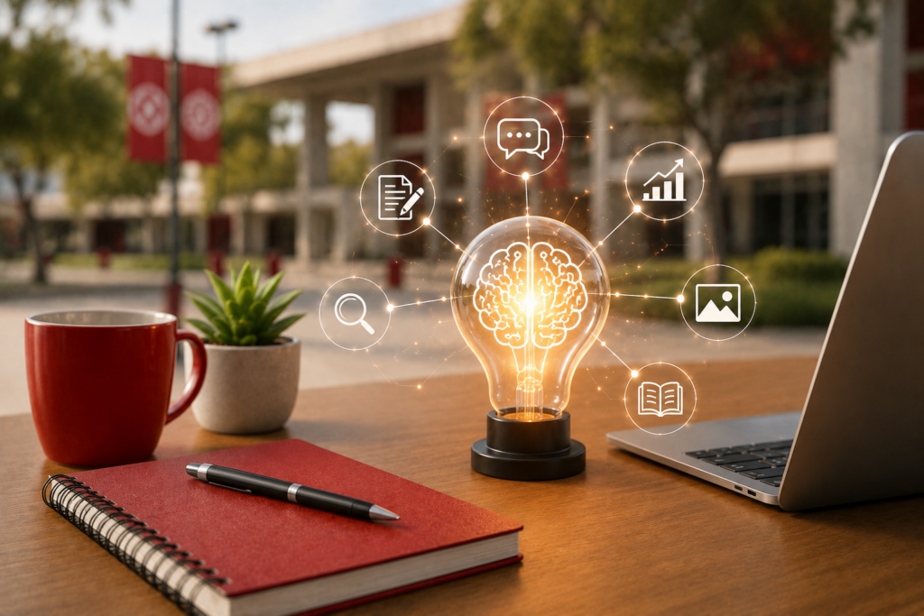 A wooden desk outdoors with a glowing brain-shaped light bulb and icons symbolizing ideas, accompanied by a red coffee mug, a small plant, a red notebook, and a laptop.