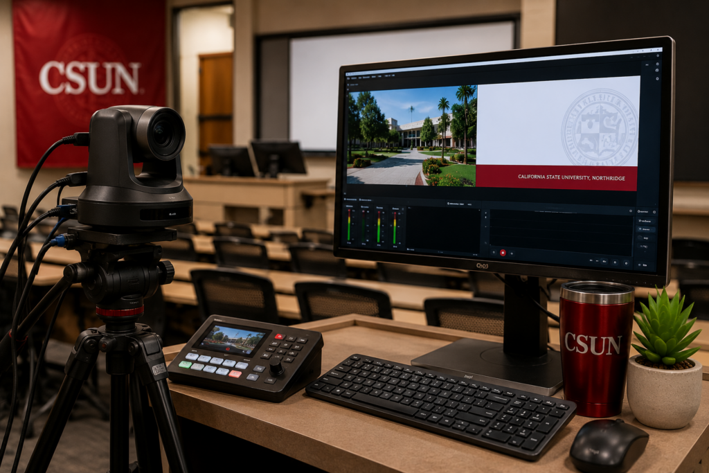 A classroom setup with a mounted camera, control panel, monitor displaying a campus image, keyboard, and a red travel mug marked "CSUN."