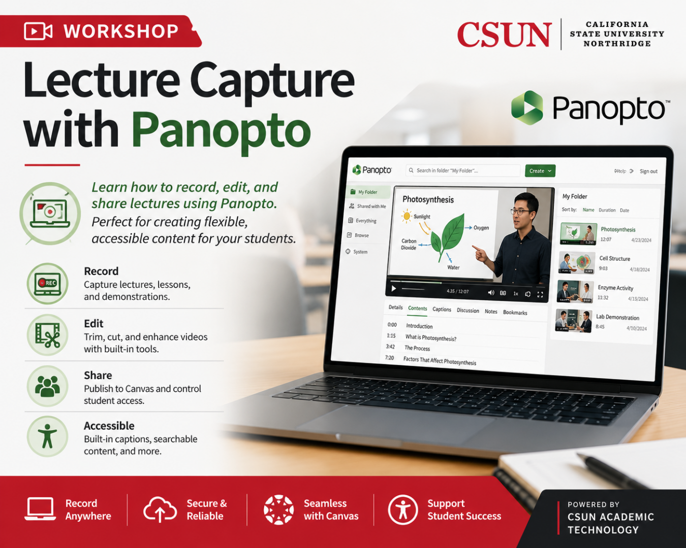 Promotional image for a CSUN workshop on using Panopto for lecture capture, featuring a laptop displaying a video titled "Photosynthesis" and key benefits of the software.