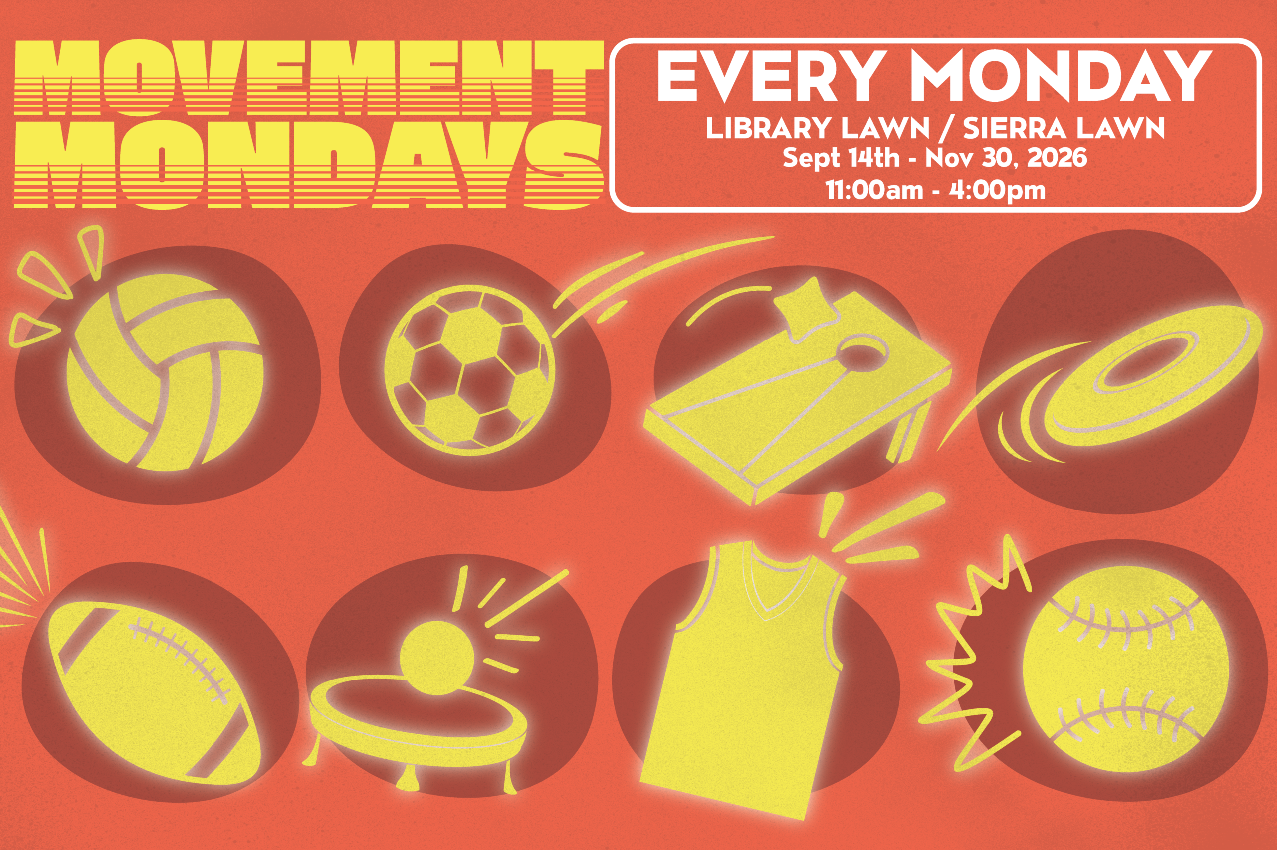 Movement Mondays writing on an orange background with graphics of a volleyball, soccer ball, frisbee and other sports equipment
