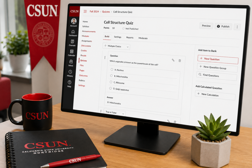 A desktop workspace features a computer monitor displaying a "Cell Structure Quiz" interface for a university course, accompanied by a CSUN-branded mug, notebook, and a succulent plant.