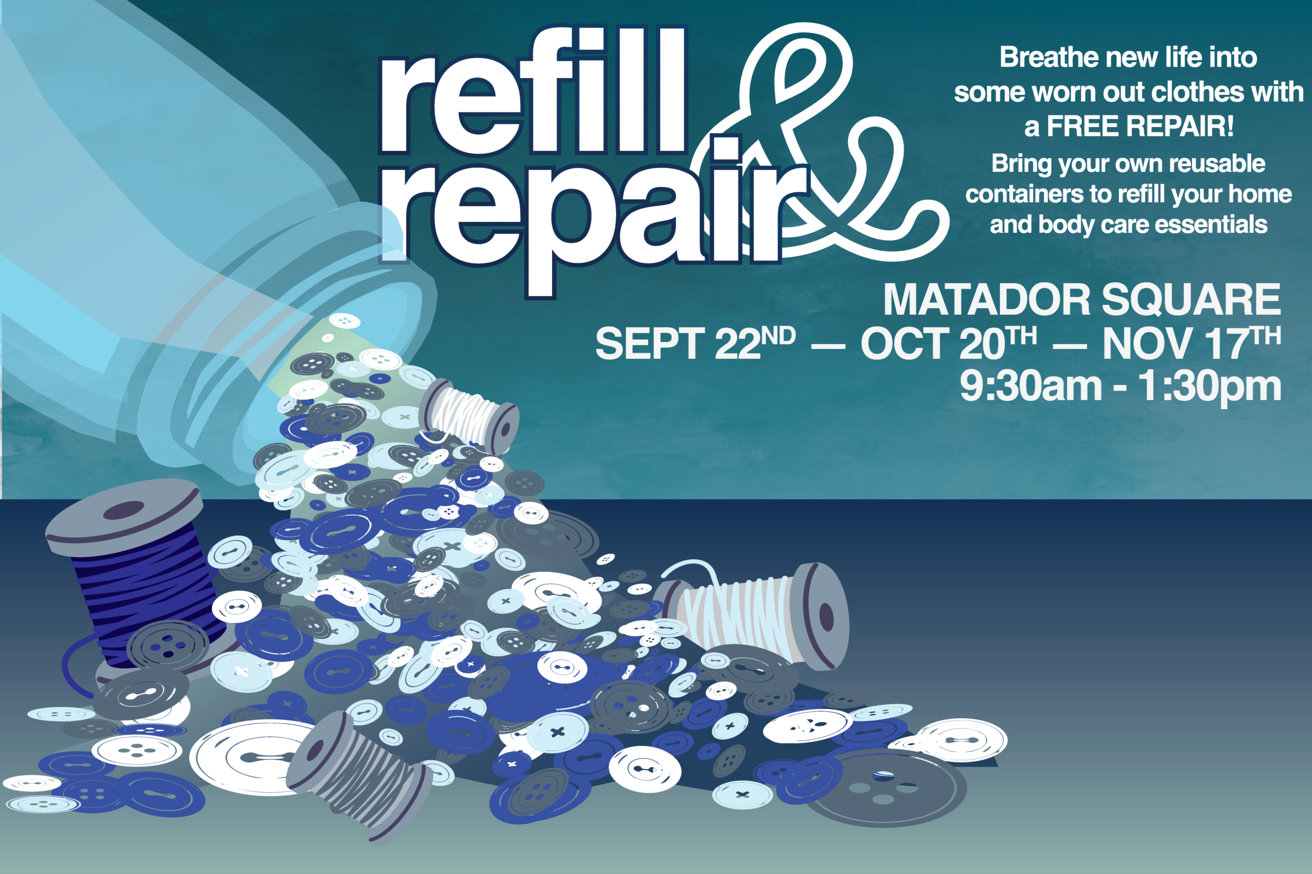Refill and Repair writing with a graphic of a mason jar pouring our spools of thread and buttons.