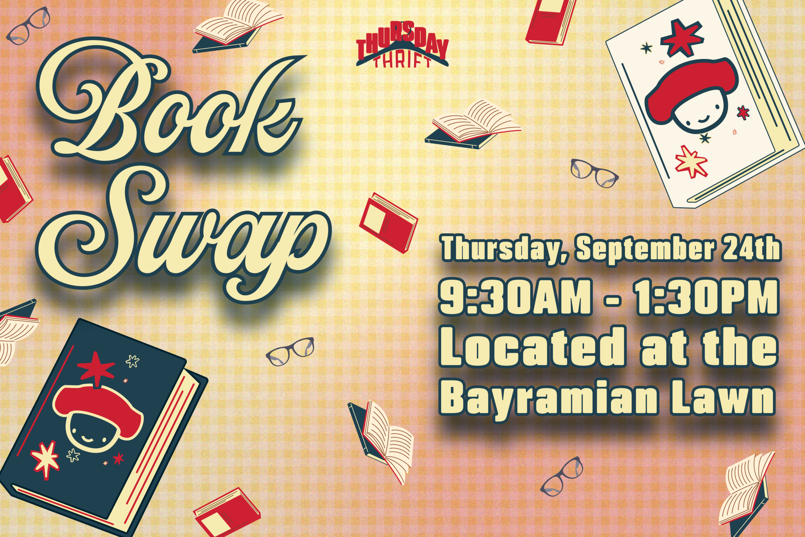 Thursday Thrift Book Swap writing on a red and yellow background with graphics of books and glasses