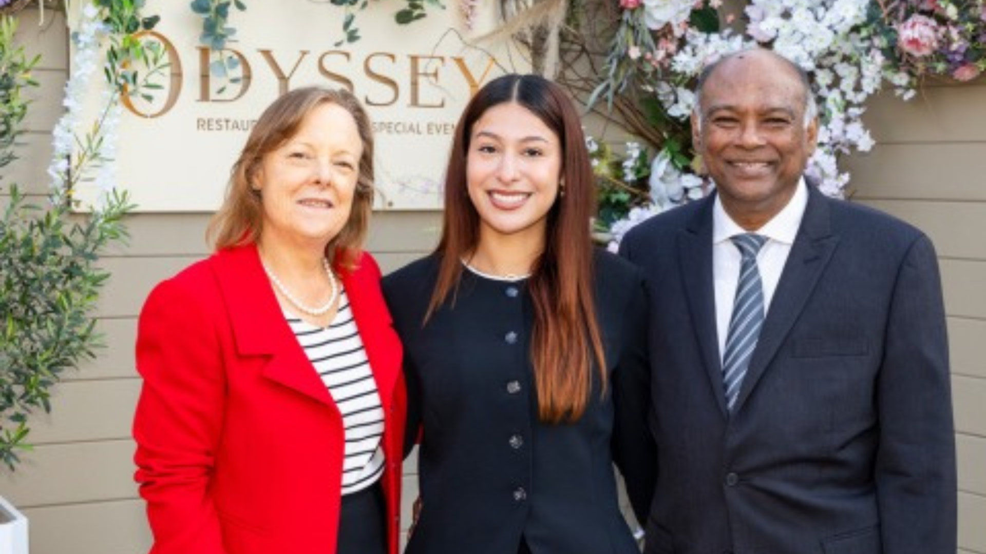 Photo of Alumna Andrea Zoeckler, scholarship recipient Janeth Martinez and Nazarian College Dean Chandra Subramaniam.