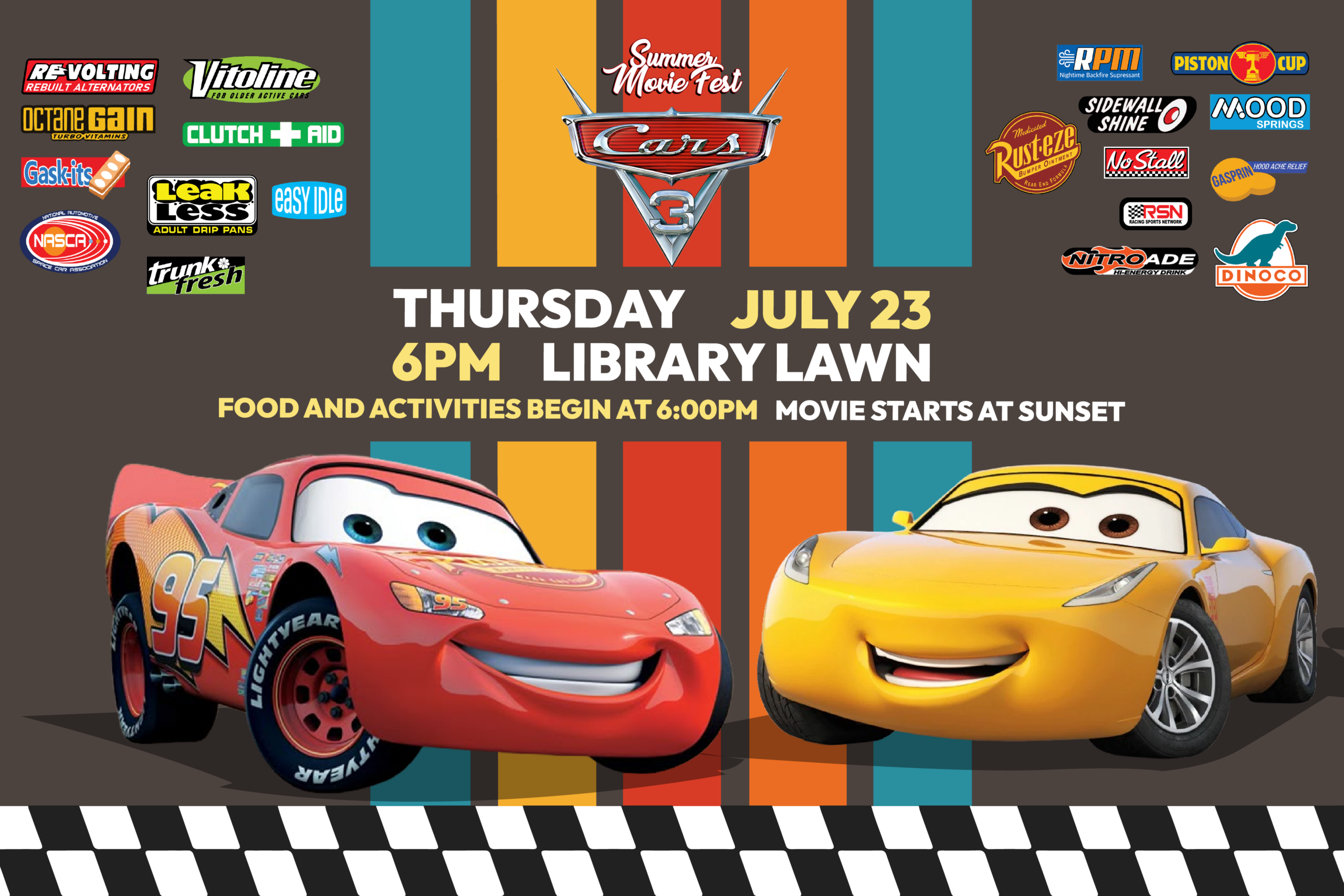 Summer Movie Fest Cars 3 writing with graphics of Lightning Mcqueen and Cruz Ramirez