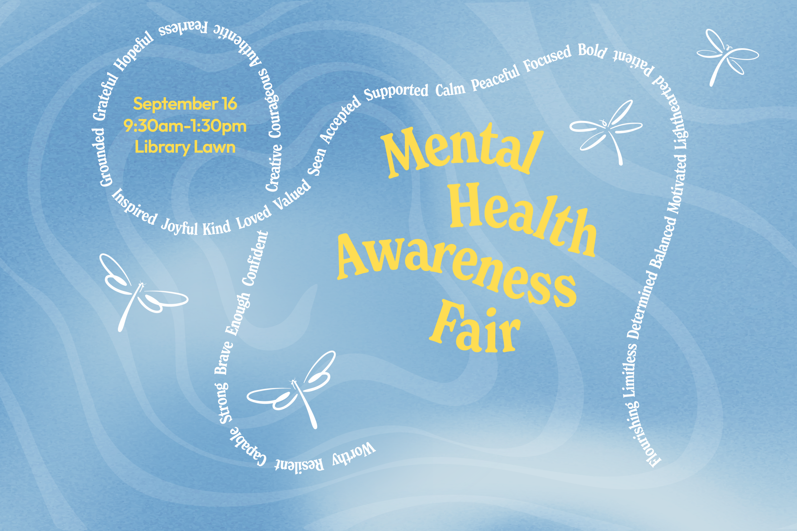 Mental Health Awareness Fair writing over a sky blue background with images of dragonflies