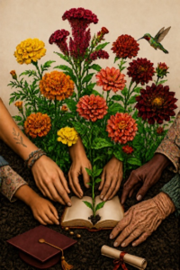 Flower bouquet with hands reaching to the roots.