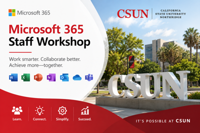 MS Office 365 workshop for staff. An exterior campus view with MS logos.