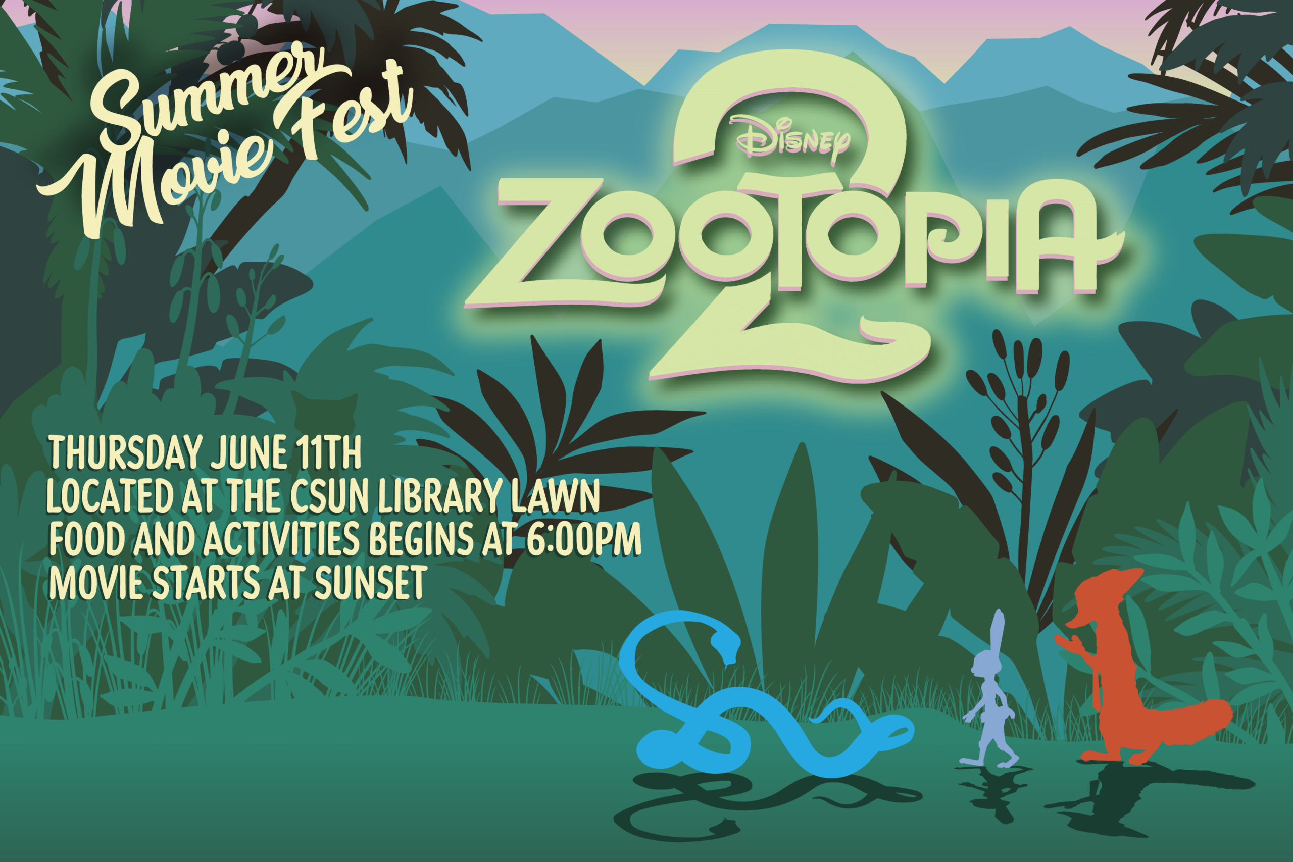 Zootopia 2 writing over a graphic of a jungle and silhouettes of a bunny, fox and snake.