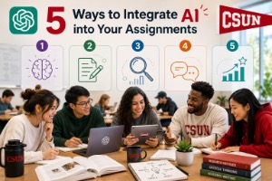 A diverse group of students discusses ways to integrate AI into assignments, with a colorful wall graphic displaying five methods behind them.