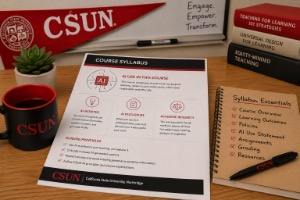 A study space featuring a printed course syllabus, succulent plant, CSUN mug, black pen, open notebook titled "Syllabus Essentials," and a red CSUN banner in the background.