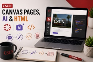 A laptop displaying a CSUN webpage with palm trees, accompanied by a notebook, pen, and coffee mug on a desk.