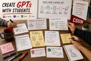 A collaborative workspace with colorful notes and a poster titled "BUILD YOUR CUSTOM GPT," featuring various headings and icons, coffee mug, and colorful markers on a wooden table.