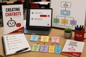 A workspace for creating chatbots with a laptop displaying a chat interface, colorful sticky notes, a notebook, a “Creating Chatbots” poster, a flowchart, and pens in a cup.