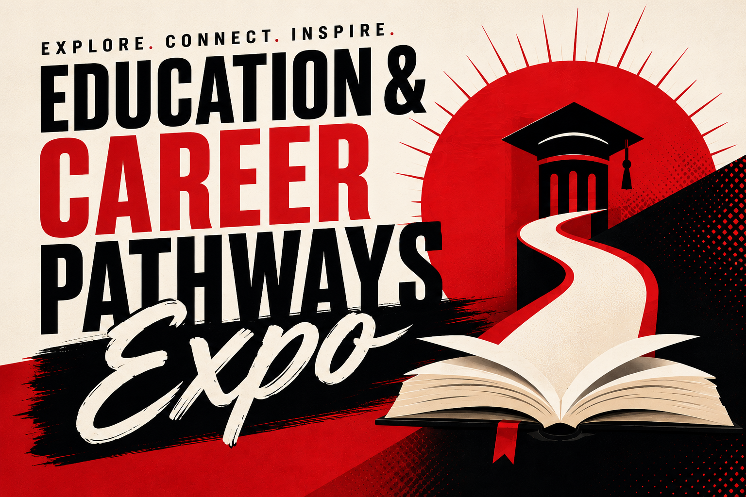 A graphic showcasing the event title and a textbook opening up a road to a statue of a graduation cap.