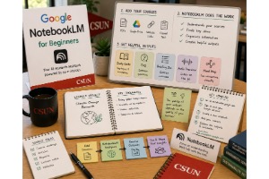 Collection of materials for Google NotebookLM, including a sign, notebooks with notes, sticky notes, and a mug, all creating a welcoming educational space.