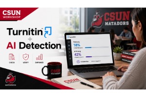 A faculty at a workshop uses a laptop displaying Turnitin's AI Detection dashboard, showing 18% similarity and 42% AI writing. A CSUN coffee mug and logo are visible on the desk.