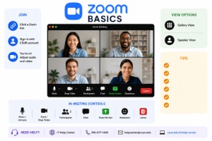 A Zoom meeting interface titled "Zoom Basics," showing four participants' video feeds alongside meeting controls and joining instructions.