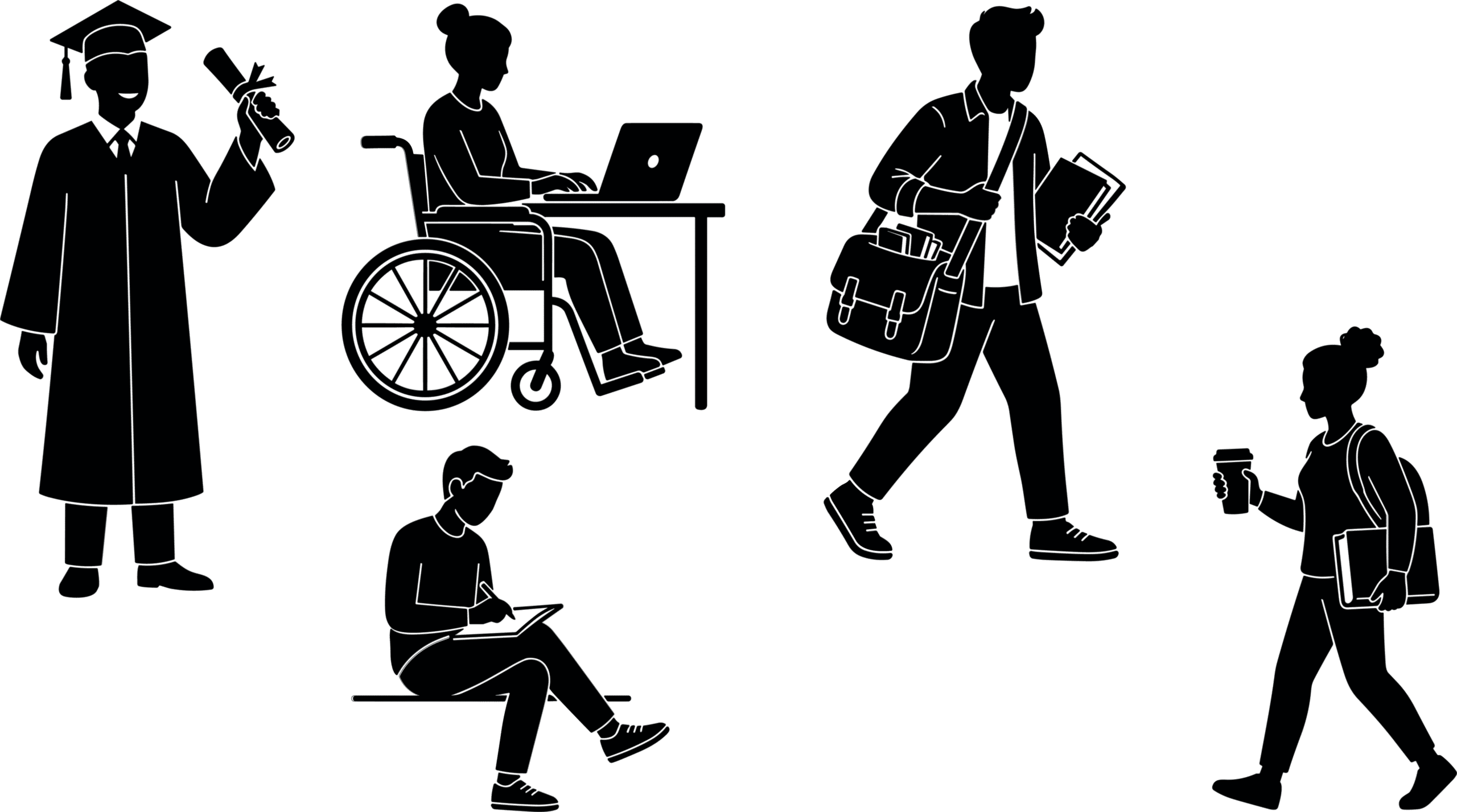 Student Silhouettes Depicting Education And Accessibility Black On White Background
