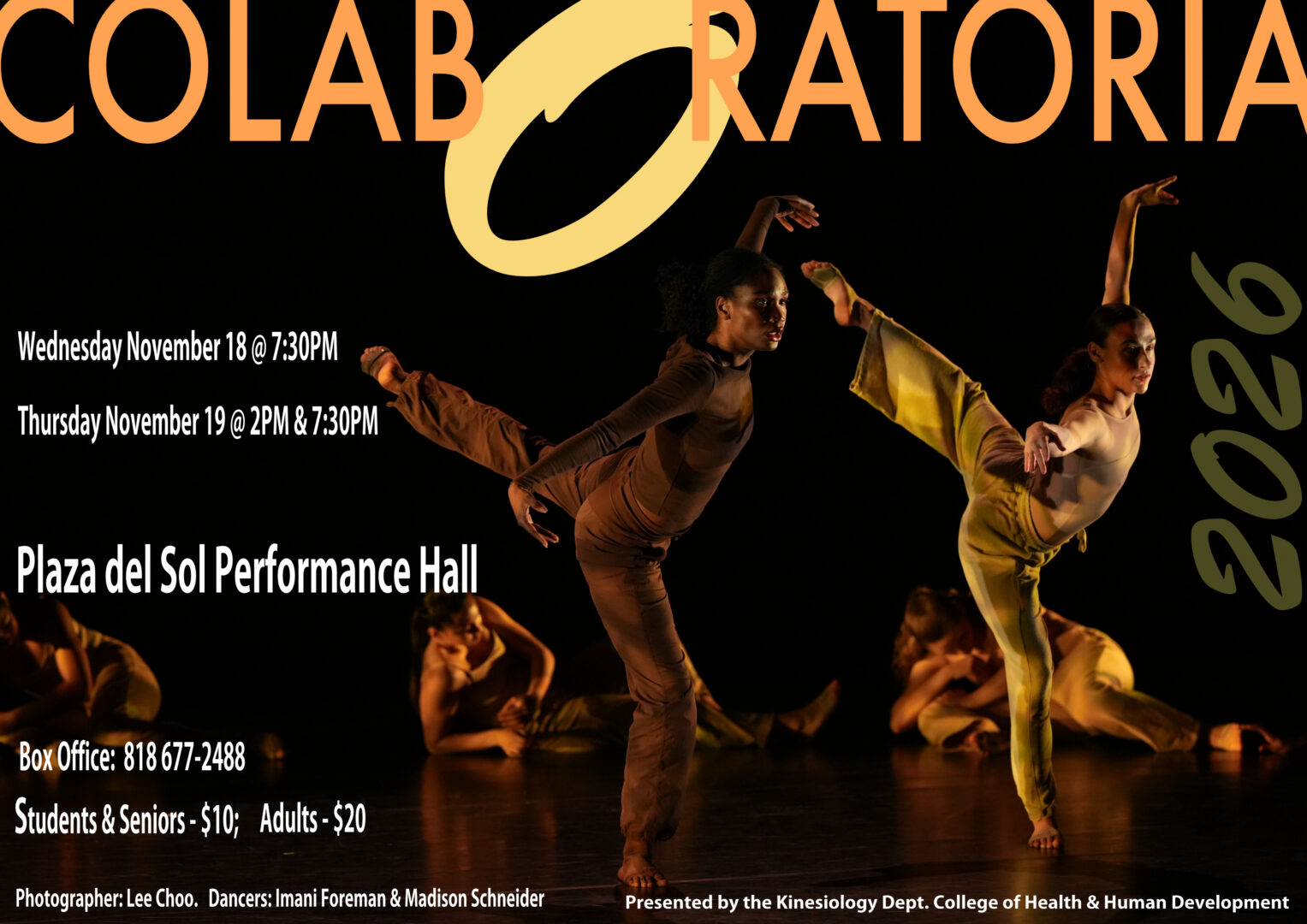 Flyer for the Fall Dance Concert, Colaboratoria. Presented by the Kinesiology Department. Wednesday, November 18 at 7:30 pm and November 19 at 2 pm and 7:30 pm at the Plaza Del Sol Performance Hall. Students and Seniors $10, Adults $20. Photo of two modern dancers.