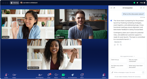 Zoom AI Companion and Workplace. A man and two women on Zoom.