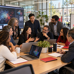 A diverse group collaborates around a conference table with laptops and notebooks in a bright office overlooking palm trees and city buildings.