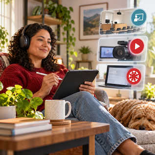 Woman wearing headphones studies on a tablet at home, with a dog beside her and icons representing a classroom, video camera, and online learning platform.