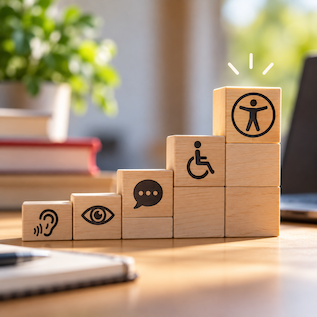 Wooden blocks arranged in ascending height display accessibility icons for hearing, vision, speech, mobility, and universal access.