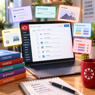 Laptop displaying a quiz-building interface surrounded by colorful cards illustrating six question types, with educational books and stationery on a desk.