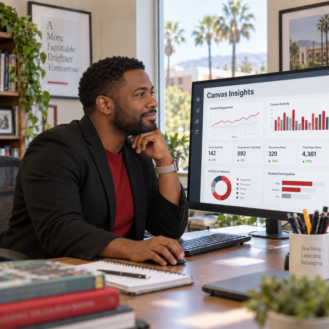 A man views a Canvas Insights analytics dashboard on a desktop monitor in a bright office.