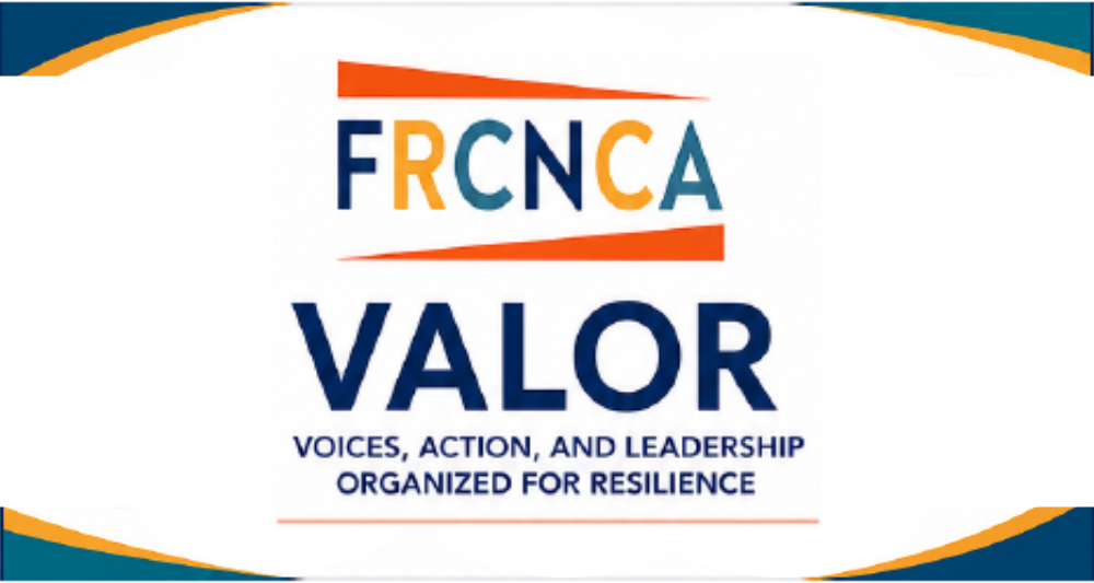 The logo for FRCNCA VALOR, which stands for Voices, Action, and Leadership Organized for Resilience, centered on a white background with blue and orange curved borders.