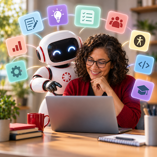 A smiling woman works at a laptop beside a friendly humanoid robot, surrounded by colorful technology and education icons.