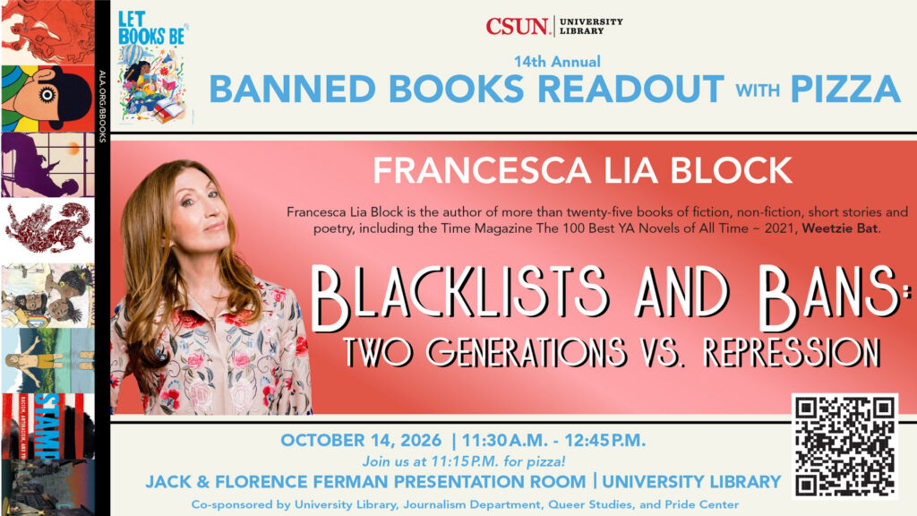 Flier for Banned Books Readout featuring author Francesca Lia Block and covers of banned books