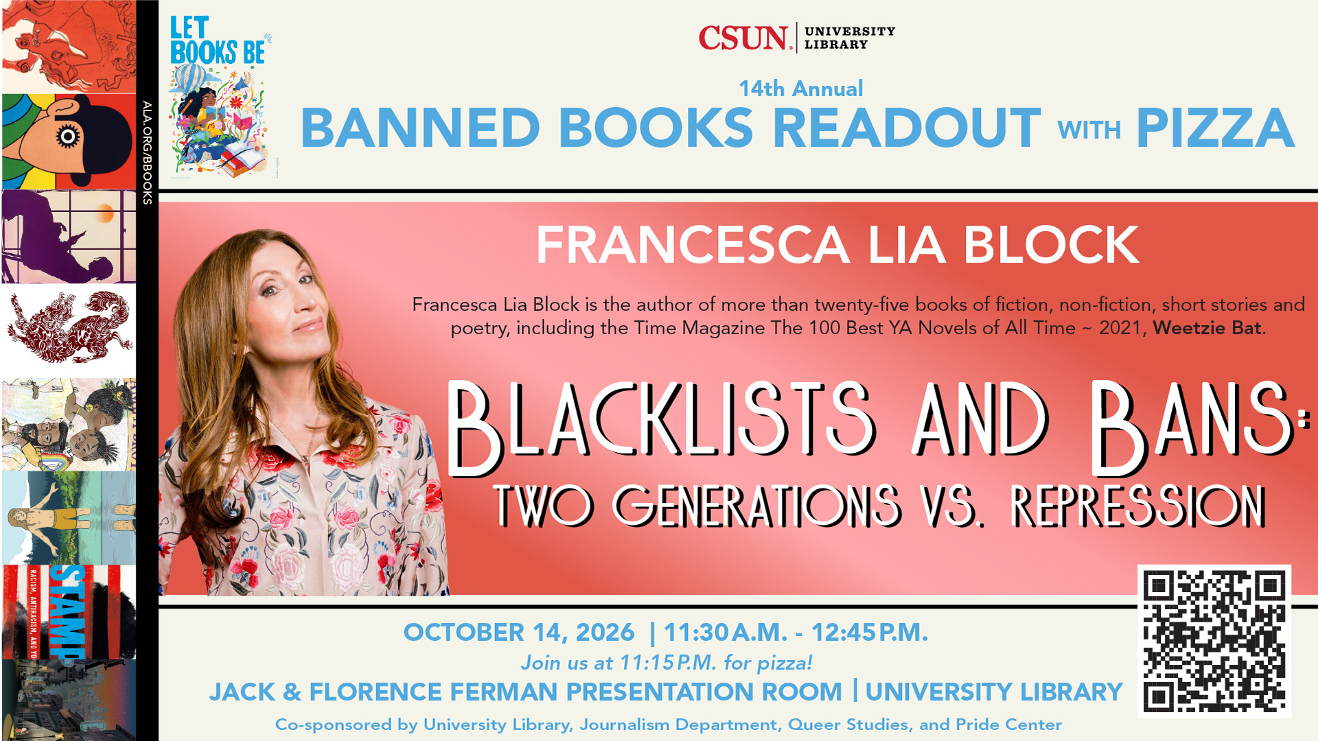 Flier for Banned Books Readout featuring author Francesca Lia Block and covers of banned books