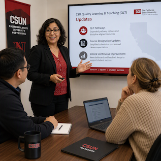 A presenter discusses a CSUN Quality Learning and Teaching updates slide with two colleagues around a conference table.