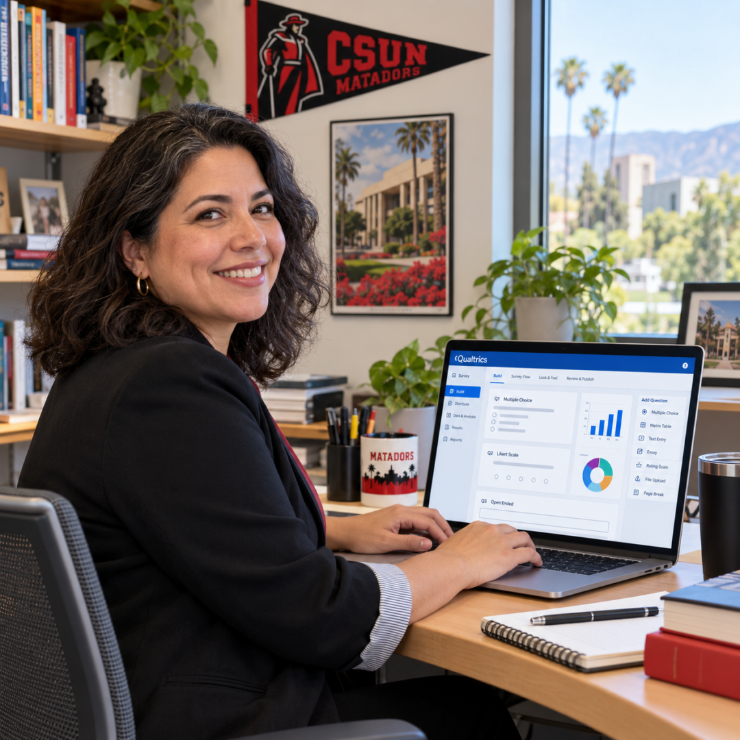 Smiling woman working on a laptop displaying the Qualtrics survey builder in an office decorated with CSUN Matadors memorabilia.