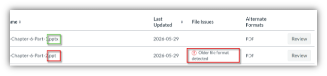 Screenshot of a file table showing two PowerPoint files, with the older “.ppt” file flagged as an older format and both files offering PDF versions.