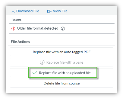 Screenshot showing file actions, with “Replace file with an uploaded file” selected.