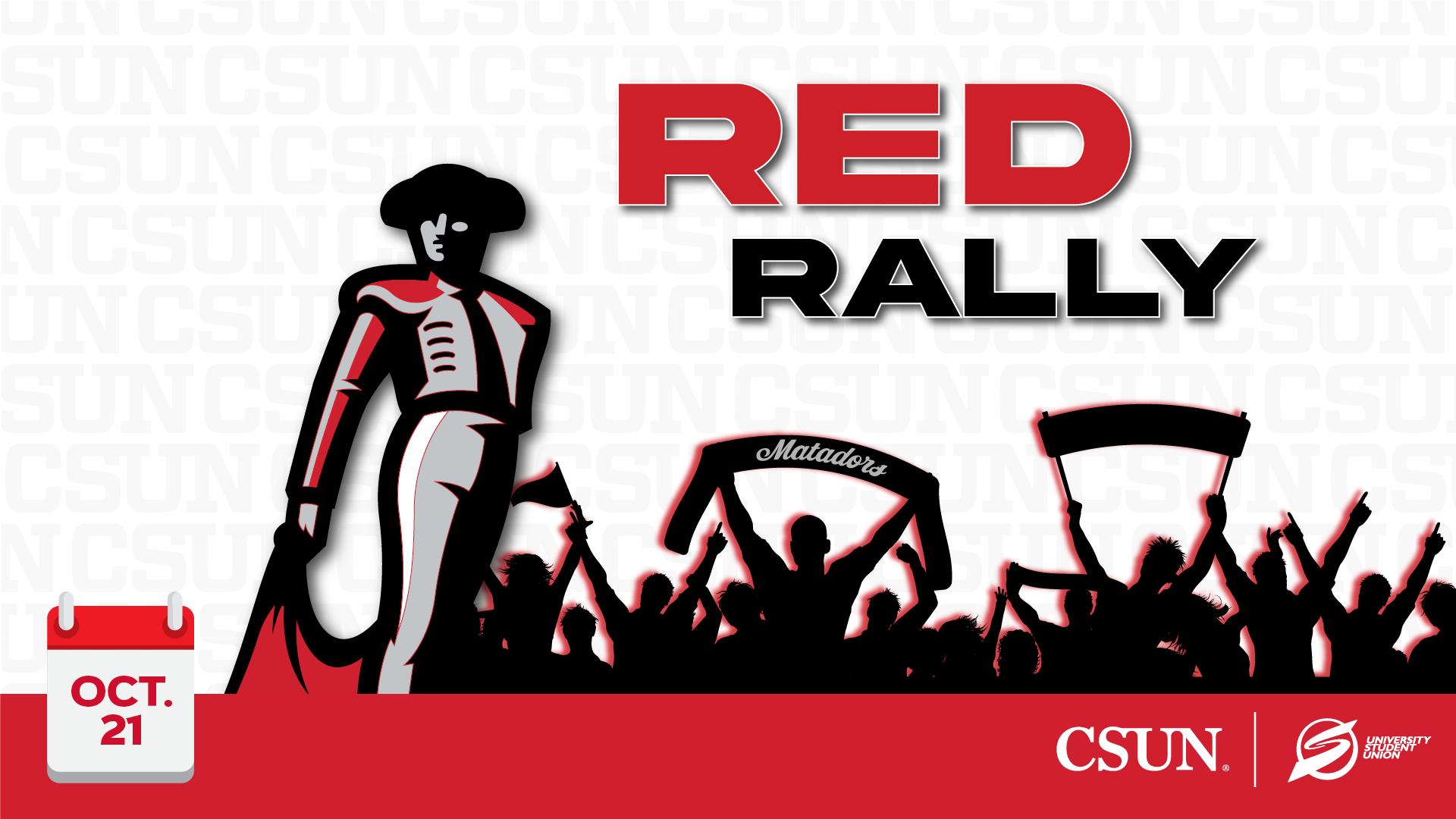 Red Rally with the CSUN Matador next to a crowd of matadors