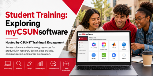 Three students gathered around a laptop using myCSUNsoftware.