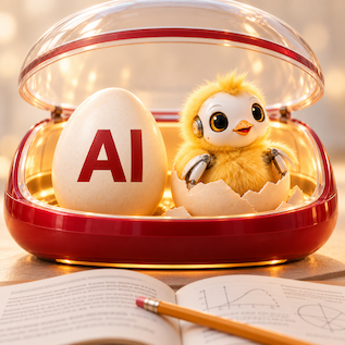 Incubator with an egg that says AI, and a chicken