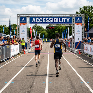 Two runners approach a race finish arch labeled “ACCESSIBILITY” as spectators cheer along the road.