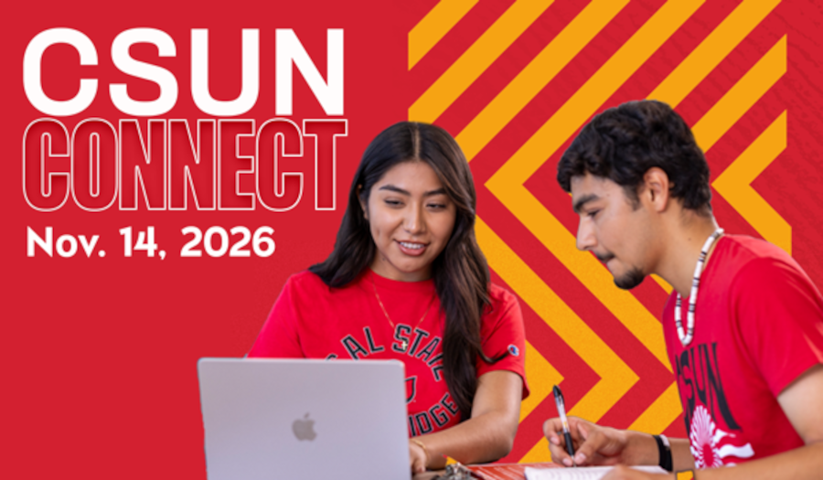 Two students in red CSUN t-shirts look at a laptop computer. Text: CSUN Connect, Nov. 14, 2026.