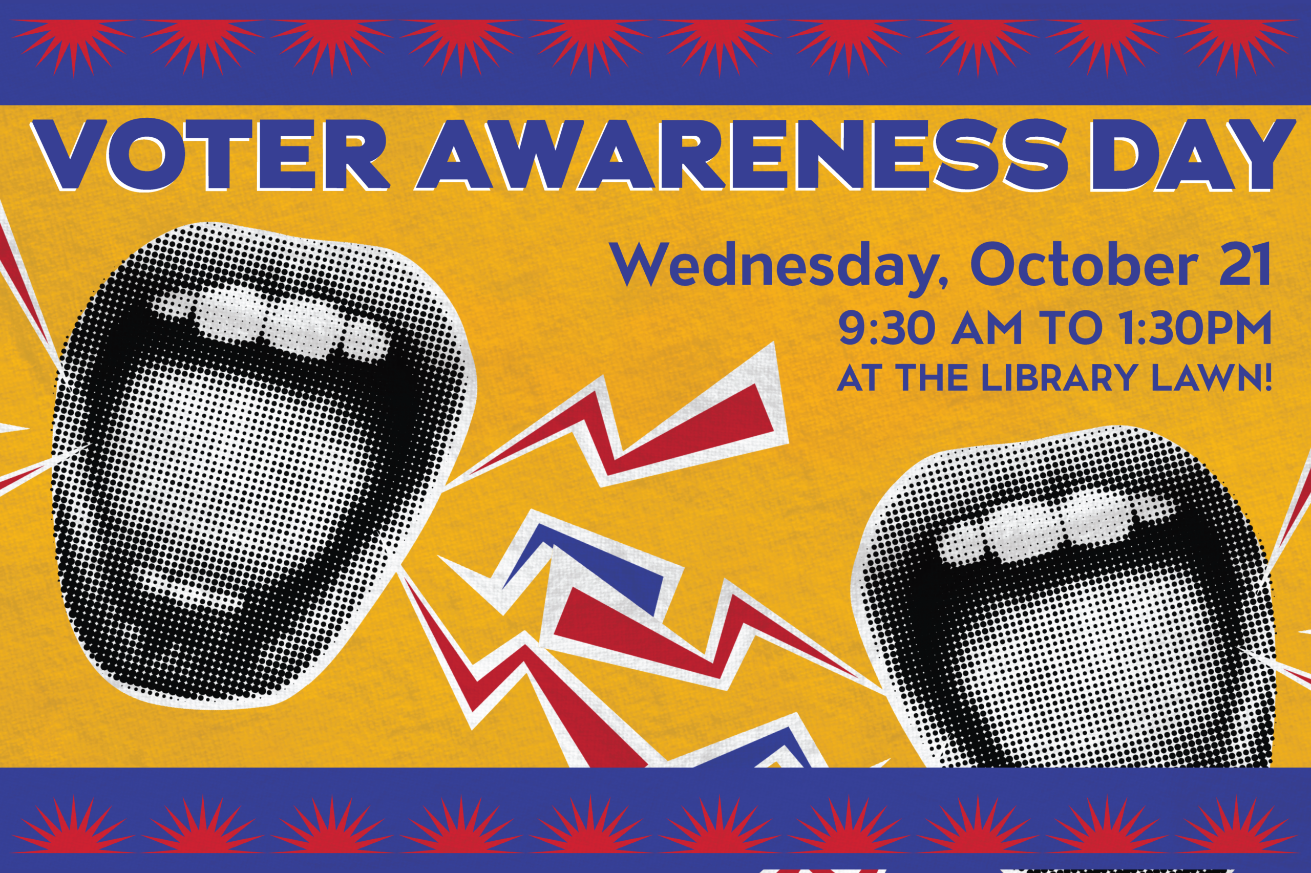 Voter Awareness Day writing on a yellow, blue and red background with graphics of mouths shouting
